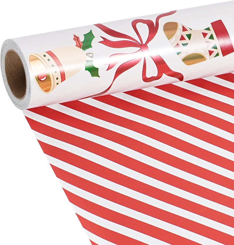 LaRibbons Reversible Foil Christmas Wrapping Paper, Metallic Red Foil Bows with Holly & Stockings Design, Retro Holiday Gift Wrap for Xmas Presents & Decoration, 17 Inch × 33 Feet - Image 1